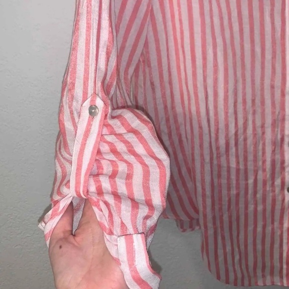 Zac & Rachel Pink and White Striped Button Down Tie Top Sz Medium - Picture 7 of 11